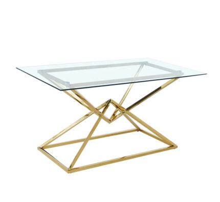 Table à Manger Rectangulaire Pyramide Verre Transparent Pieds Dorés 150x90 cm