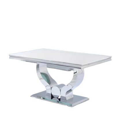 Table à Manger Trofy Verre Blanc Pieds Chrome 150x90 cm