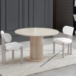 Ensemble Table Ronde Chaises Inaya Travertin Bouclées Beiges