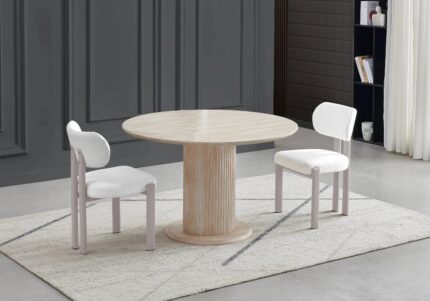 Ensemble Table Ronde Chaises Inaya Travertin Bouclées Beiges
