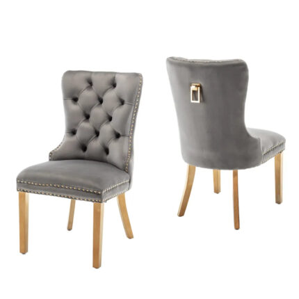 Lot de 2 Chaises Poignée Cloutées Velours Anthracite Pieds Dorés 54x51x102 cm