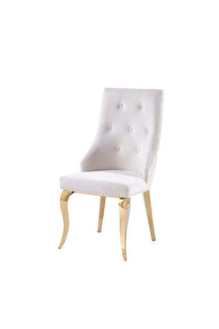 Lot 2 Chaises Salle à Manger Anneau Velours Écru Capitonnées Cloutées Pieds Gold