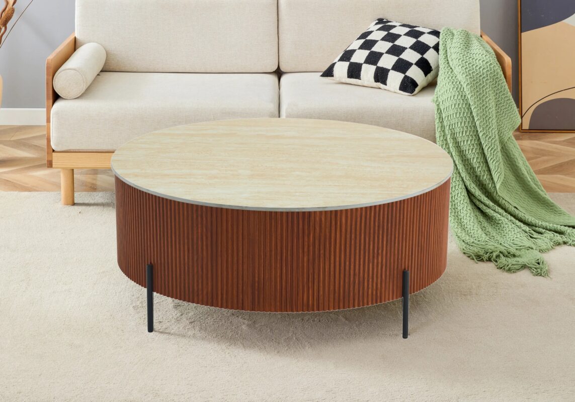 Table Basse Ronde Lira Travertin Vert Pied Bois