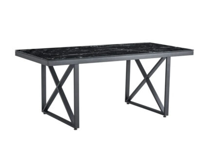 Table à Manger Verre Trempé Marbré Noir Pieds Métal Noir 180x90 cm