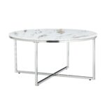 Table Basse Lorie Ronde Verre Trempé Marbré Blanc Métal Chrome D90x45 cm