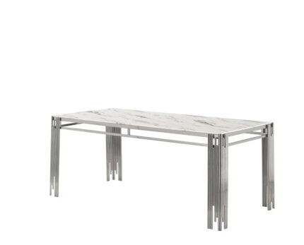Table à Manger Flute Verre Marbré Blanc Pieds Chrome 180 cm