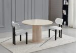 Ensemble Table Ronde Travertin Beige Chaises Taupe Pieds Noirs