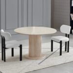 Ensemble Table Ronde Travertin Beige Chaises Taupe Pieds Noirs