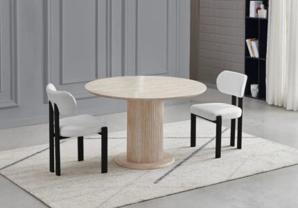 Ensemble Table Ronde Travertin Beige Chaises Taupe Pieds Noirs