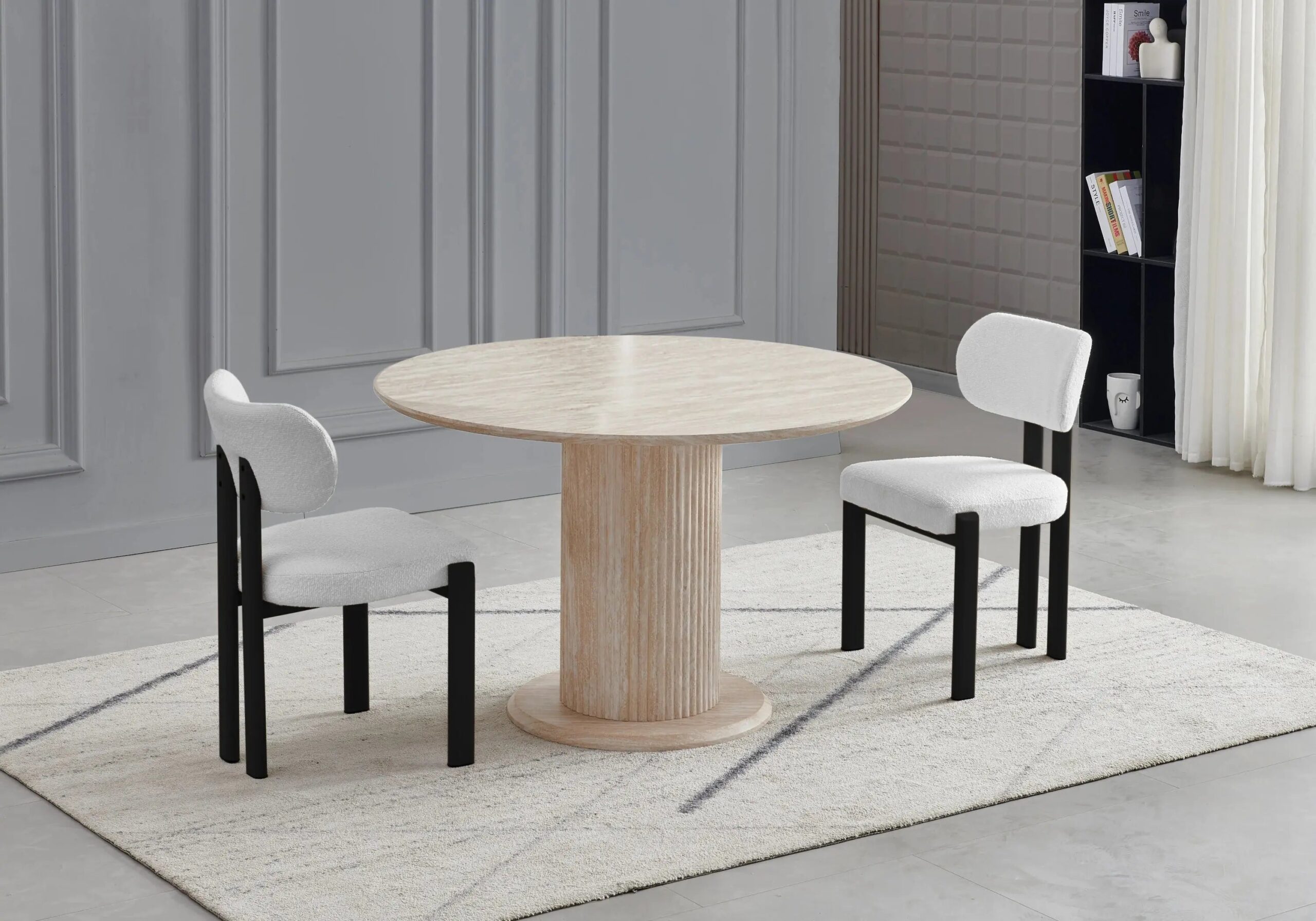 0 4735.jpg Ensemble Table Ronde Travertin Beige Chaises Taupe Pieds Noirs