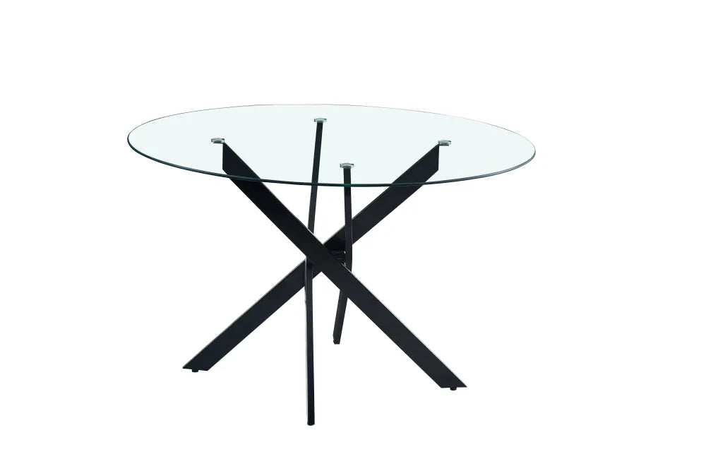 Table à Manger Ronde Jessica Verre Transparent Pieds Métal Noir 120 cm
