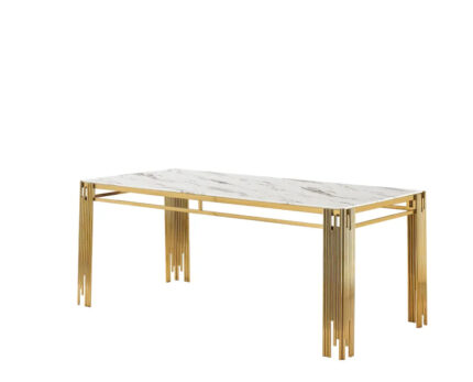 Table à Manger Flute Plateau Effet Marbre Blanc Structure Dorée 180x90x75 cm