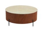 Table Basse Ronde Ruby Céramique Effet Travertin Noisette Pied Métal Noir D90xH45 cm