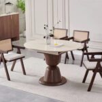 Ensemble Table Ronde Extensible Chaises Pietra Noyer Travertin Cannage Vert