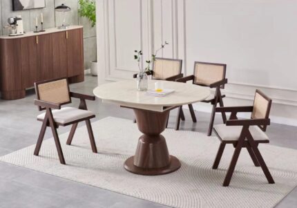 Ensemble Table Ronde Extensible Chaises Pietra Noyer Travertin Cannage Vert