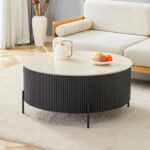 Table Basse Lira Ronde Travertin Pied Cannelé Noir