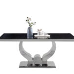 Table à Manger Trofy Verre Marbré Noir Pieds Chrome 150x90 cm