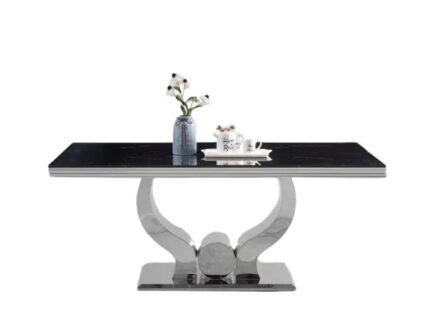 Table à Manger Trofy Verre Marbré Noir Pieds Chrome 150x90 cm
