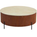 Table Basse Ronde Ruby Céramique Effet Travertin Noisette Pied Métal Noir D80xH45 cm