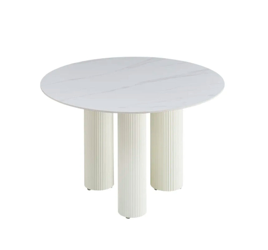 Table Repas Ronde Anaïs Céramique Marbré Blanc Pieds Beiges 120 cm