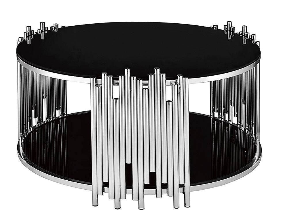 0 4800.jpg Table Basse Ronde Stick Verre Noir Pieds Chrome D90 H45 cm