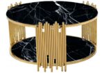 Table Basse Ronde Stick Verre Marbre Noir Pieds Dorés D90 H45 cm