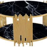 Table Basse Ronde Stick Verre Marbre Noir Pieds Dorés D90 H45 cm