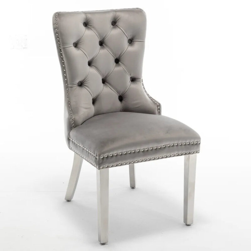 Lot de 2 chaises POIGNEE Clouté en velours pied chromé - Gris