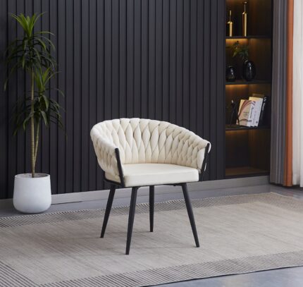 Lot de 2 chaises TRESSEES Velours Pied en métal noir - écru