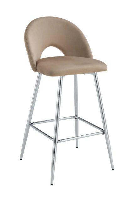 Lot 2 Tabourets de Bar Teddy Velours Taupe Pieds Chrome 47x36x98cm