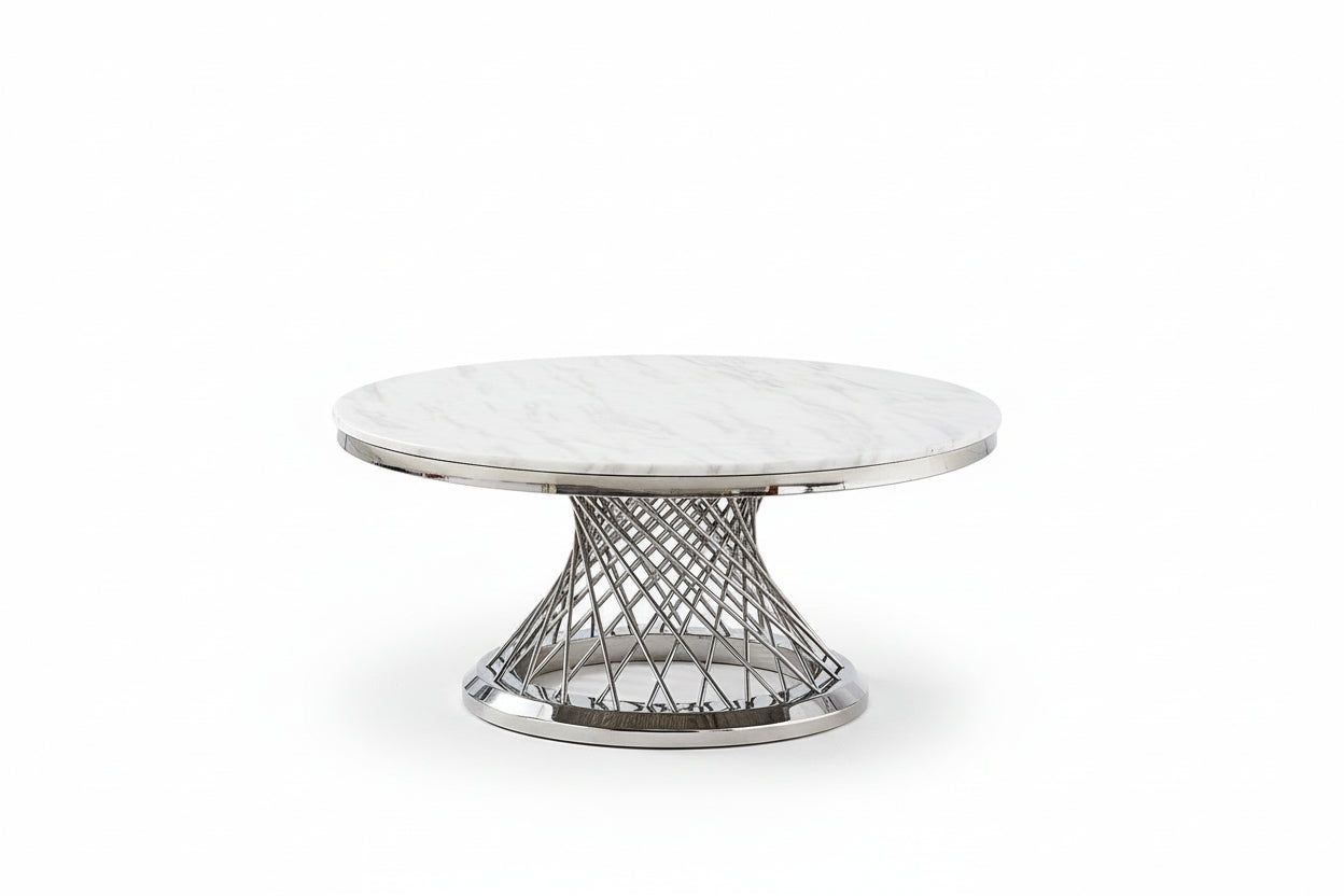 0 4833.jpg Table Basse Deluxe Ronde Verre Trempé Marbré Blanc Chrome D100x45 cm
