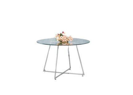 Table à Manger Ronde HELOISE Chrome Plateau Verre Transparent D120 cm