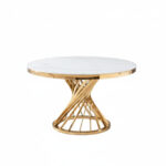 Table à Manger Ronde Nautilus Verre Trempé Marbre Blanc Pieds Dorés