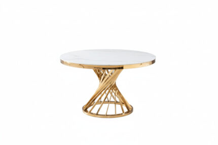Table à Manger Ronde Nautilus Verre Trempé Marbre Blanc Pieds Dorés