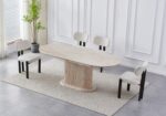 Ensemble Table Extensible Travertin Beige Chaises Taupe Pieds Noirs