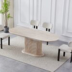 Ensemble Table Extensible Travertin Beige Chaises Taupe Pieds Noirs