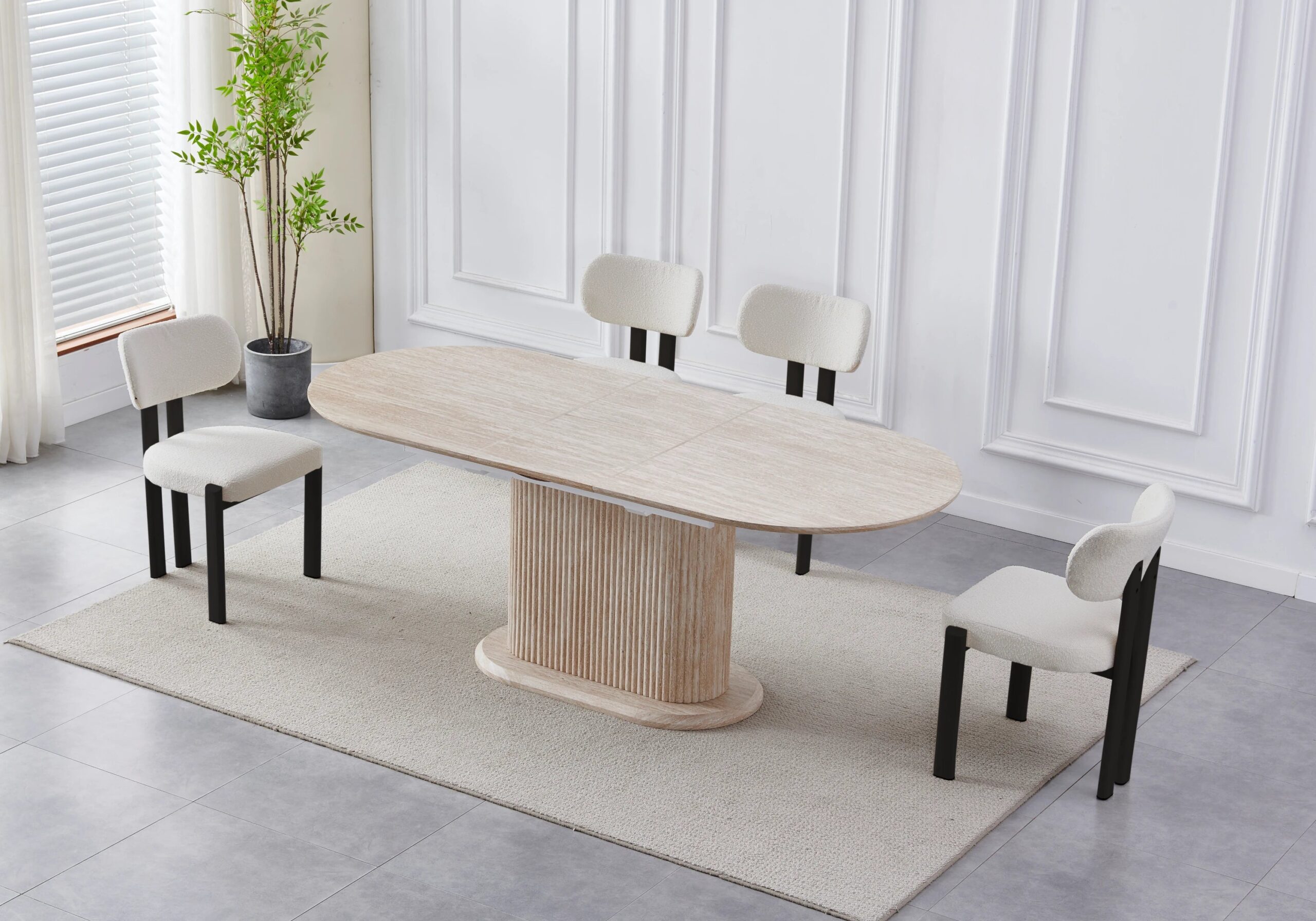 0 4854.jpg Ensemble Table Extensible Travertin Beige Chaises Taupe Pieds Noirs