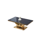 Table Basse Trofy Rectangle Verre Trempé Marbré Noir Pied Central Métal Doré 120x70x45 cm