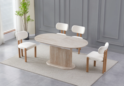 Ensemble Table Extensible Chaises Inaya Travertin Beiges Pieds Bois