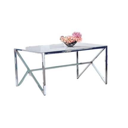 Table à Manger Majestique Verre Trempé Marbré Blanc Pieds Chrome 150x90 cm