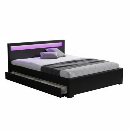 Lit Adulte Lumina Bois Noir avec Tiroirs LED 140x190 cm