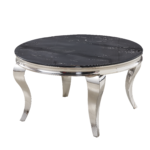 Table Basse Baroque Ronde Verre Trempé Marbré Noir Structure Chrome D80x45 cm