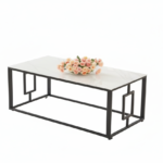 Table Basse Sophie Verre Trempé Marbré Blanc Pieds Métal Noir 120x60x45 cm