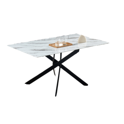 Table à Manger Jessica Verre Marbré Blanc Pieds Métal Noir 150 cm
