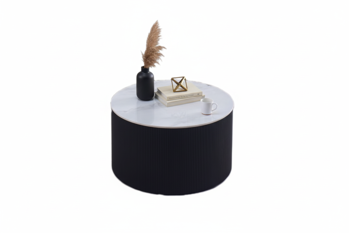 Table Basse Valmy Céramique Marbré Blanc Pieds Métal Noir D90xH45 cm
