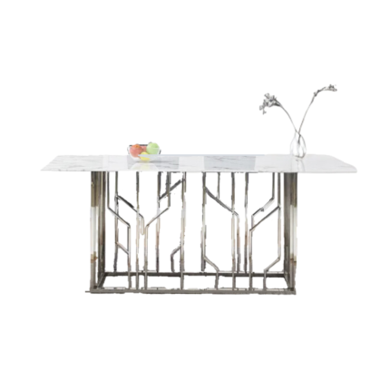 Table à Manger Portofino Verre Marbre Blanc Pieds Chrome 180x90x75 cm