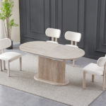 Ensemble Table Extensible Chaises Inaya Travertin Bouclées Beiges