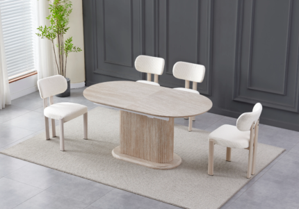 Ensemble Table Extensible Chaises Inaya Travertin Bouclées Beiges