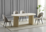 Ensemble Table Travertin Beige Chaises Grises Pieds Noirs