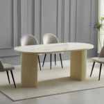 Ensemble Table Travertin Beige Chaises Grises Pieds Noirs